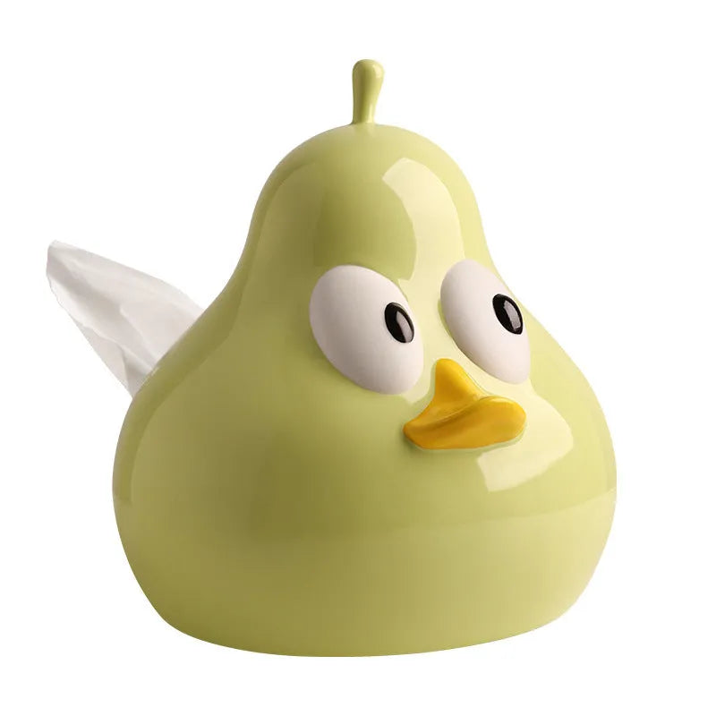 Cute pear-shaped ceramic tissue box in white porcelain with animal design, available in green or black colours