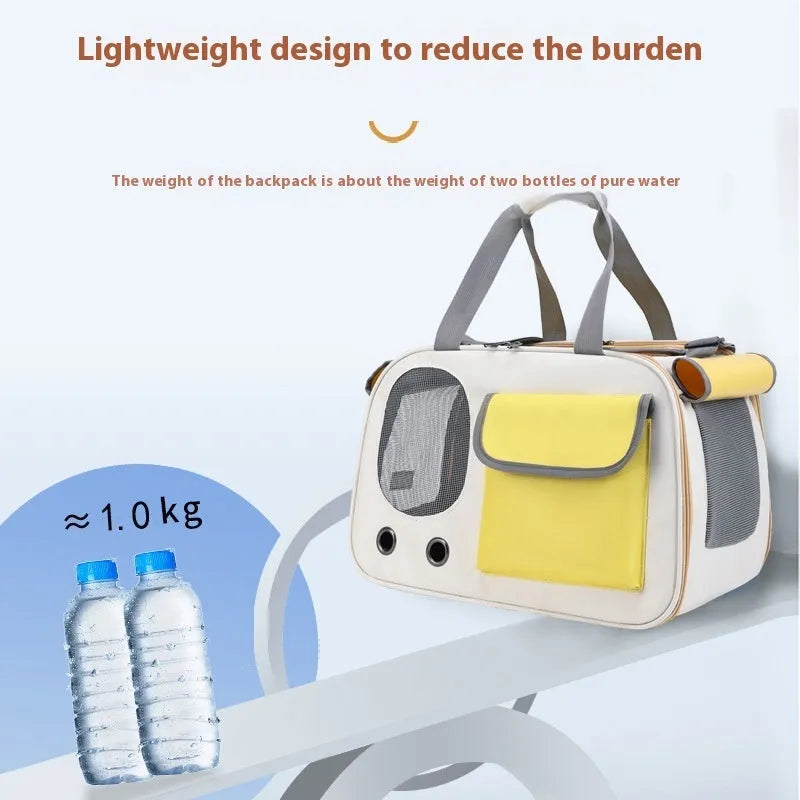 Yellow foldable canvas pet carrier backpack shown from the side.