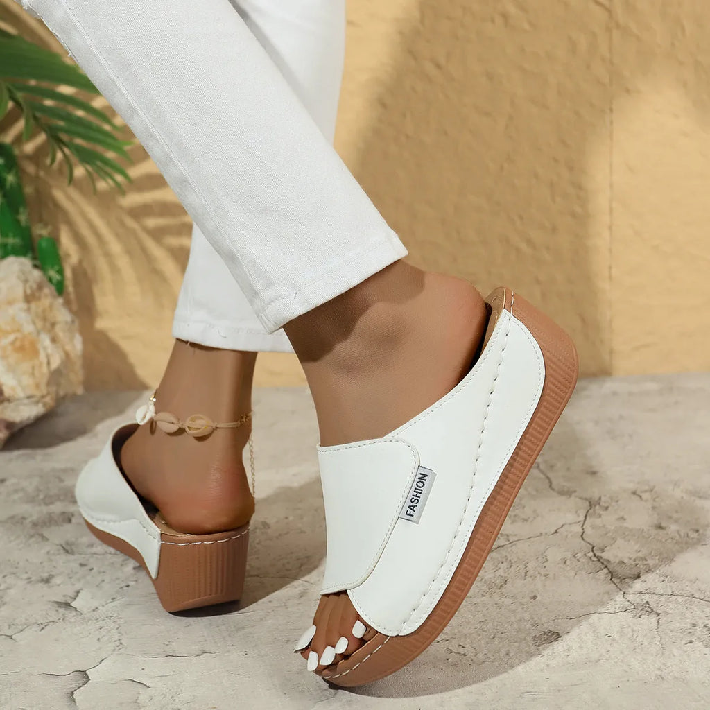 Women's summer wedge sandals fish mouth thick bottom solid colour artificial PU