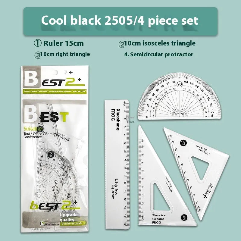Transparent acrylic ruler set with square protractor for technical drawing and measurement