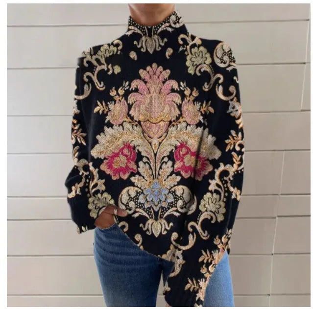 Black 3D pattern turtleneck long sleeve sweater in loose Japanese Korean casual style