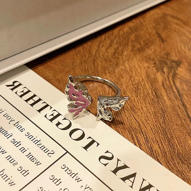 Butterfly women's copper ring with adjustable split ring design showing oil-drip colour treatment