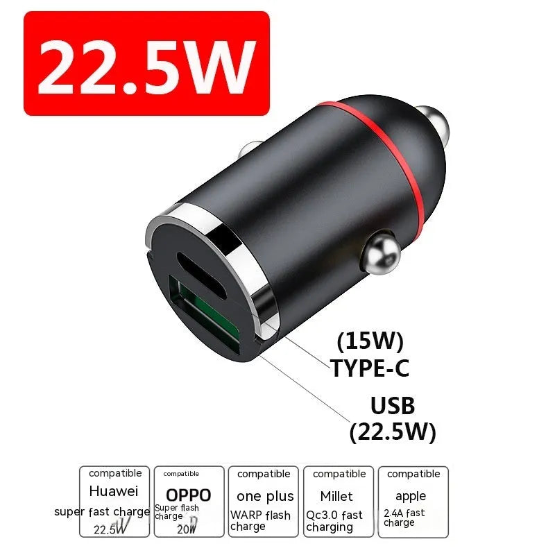 Black 200W super fast car charger with compact zinc alloy design and USB output port