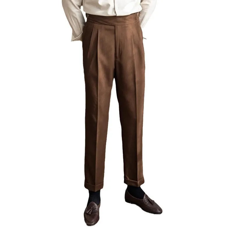 Men's high waist straight leg casual trousers in polyester fabric showing classic fit and straight silhouette