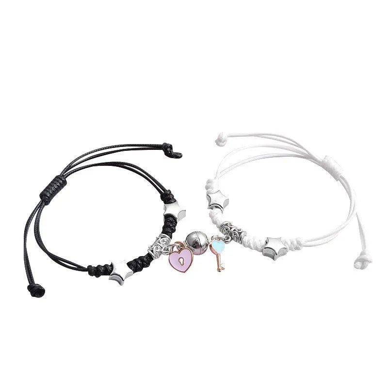 Magnet couple bracelets with magnetic clasp in various styles including love lock and clover designs