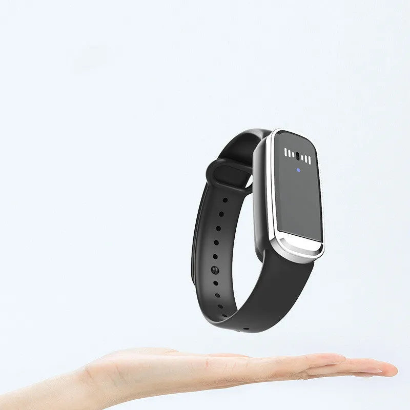 Black and white ultrasonic mosquito repellent bracelet showing wearable design and USB charging cable.