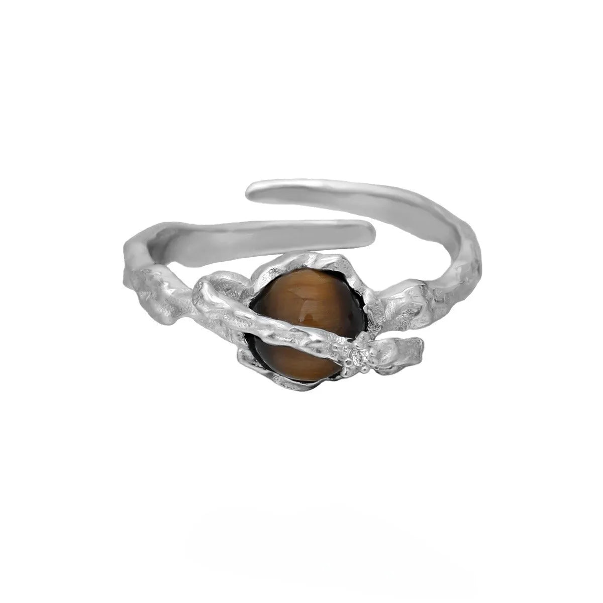Adjustable opening women's ring with Saturn design in white gold colour electroplated silver