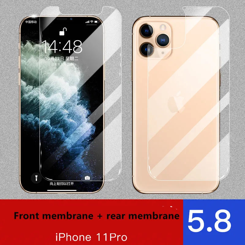Apple iPhone tempered glass screen protector film for front and rear protection.