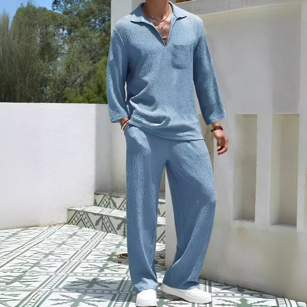 Men's casual shirt trousers set in polyester fabric showing lake blue, khaki, black, and caramel colour options