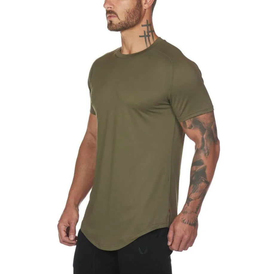 Men's army green gym shirt with custom letter print on chest, made from cotton and spandex blend fabric.
