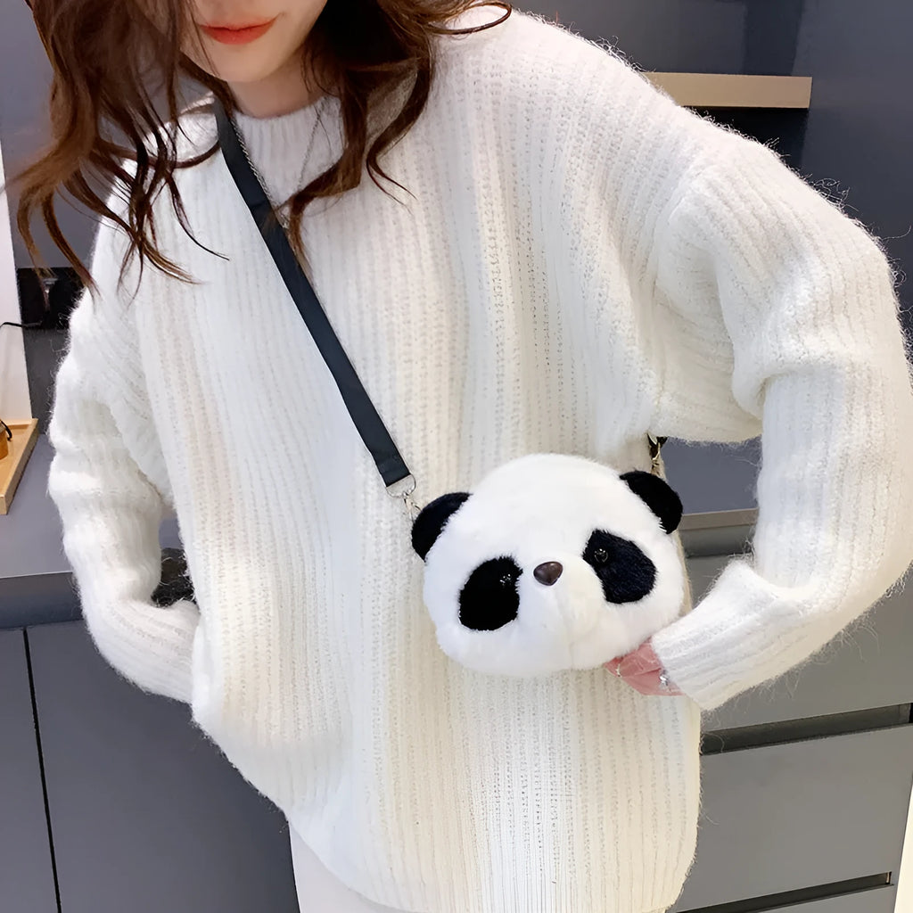 Plush panda head cylindrical crossbody shoulder bag with polyester lining