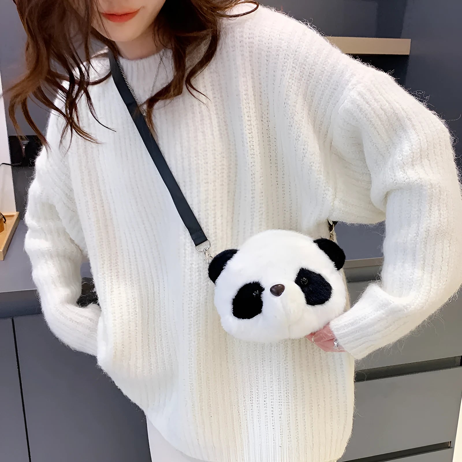Plush panda head cylindrical crossbody shoulder bag with polyester lining