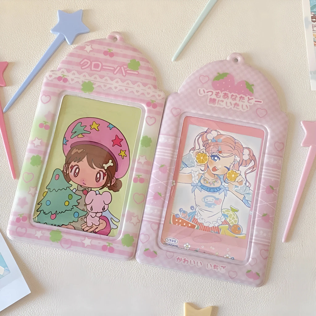 Cartoon strawberry design clear PVC card holder for 3-inch ID badges and passes.