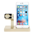 White 2-in-1 charging dock holding an iPhone and an Apple Watch upright on a desk.