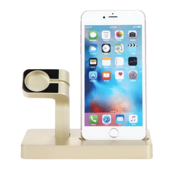 White 2-in-1 charging dock holding an iPhone and an Apple Watch upright on a desk.