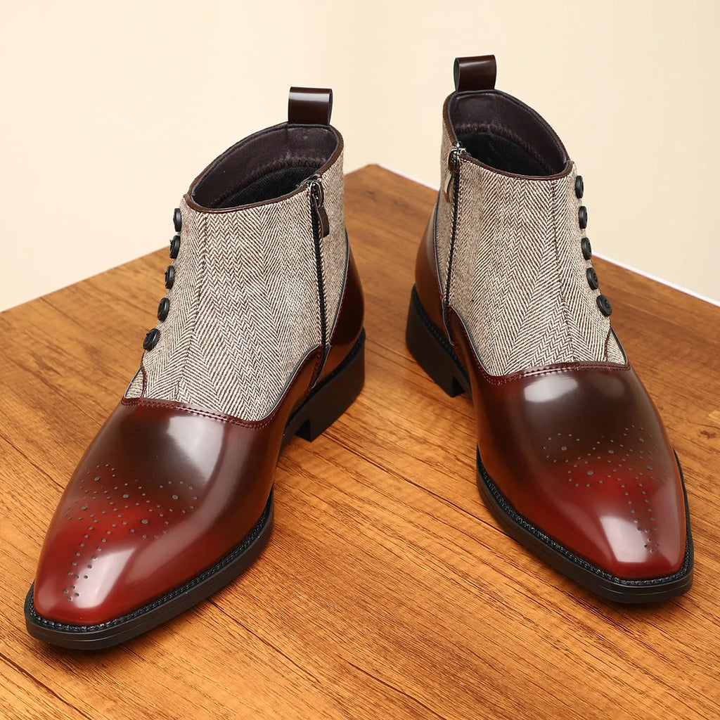 Men's brown and green retro formal shoes with side zipper and square toe.