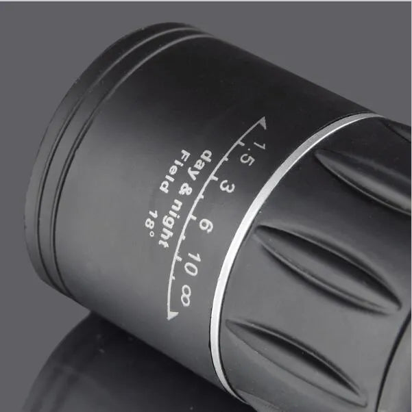Black 16x52 high power monocular telescope with wide-angle lens and eyepiece focus adjustment.