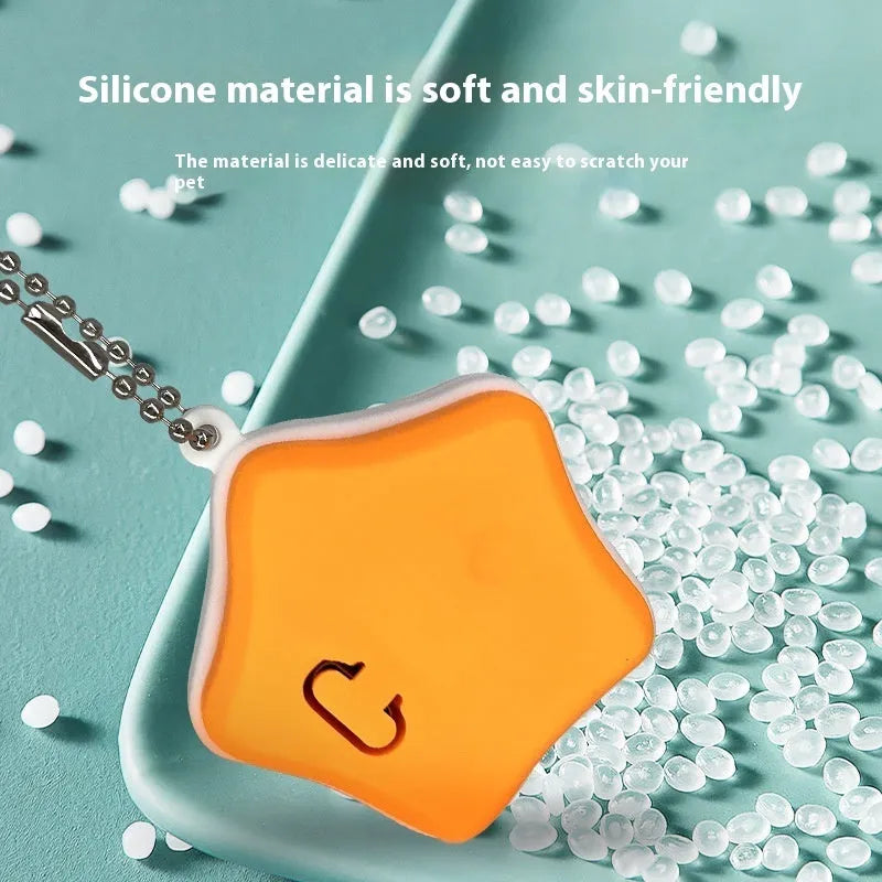 Blue rechargeable silicone pet pendant light attached to a dog collar for night walking.