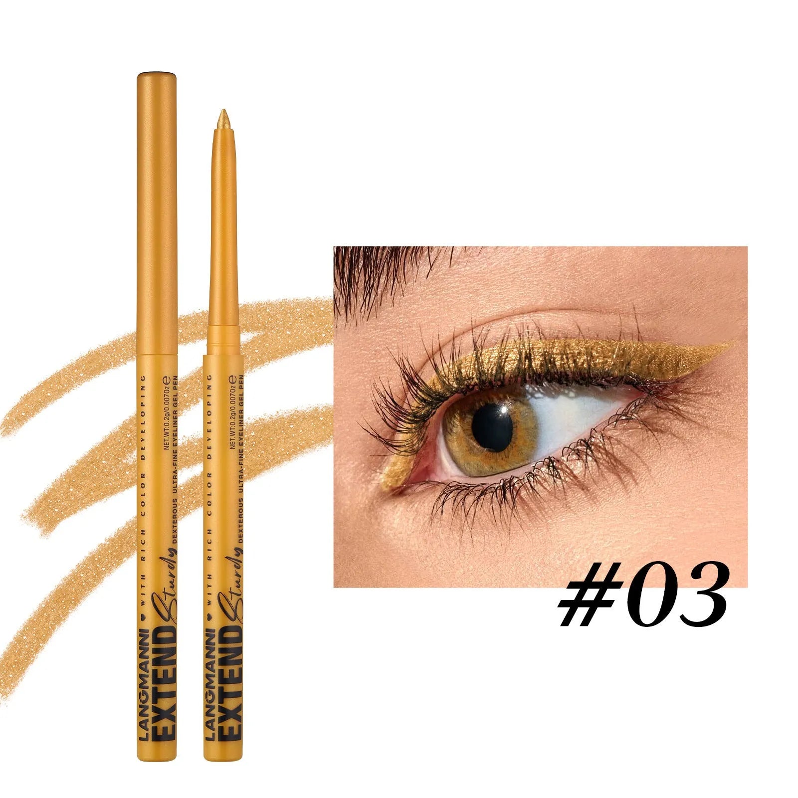Set of 12 colourful gel glitter eyeliner pencils with various shades on white background