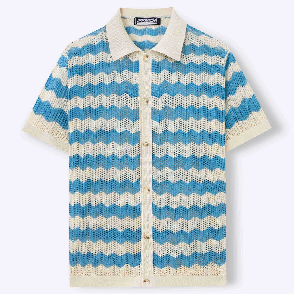 Yellow hollow jacquard corrugated short sleeve sweater with flocking detail on a hanger.