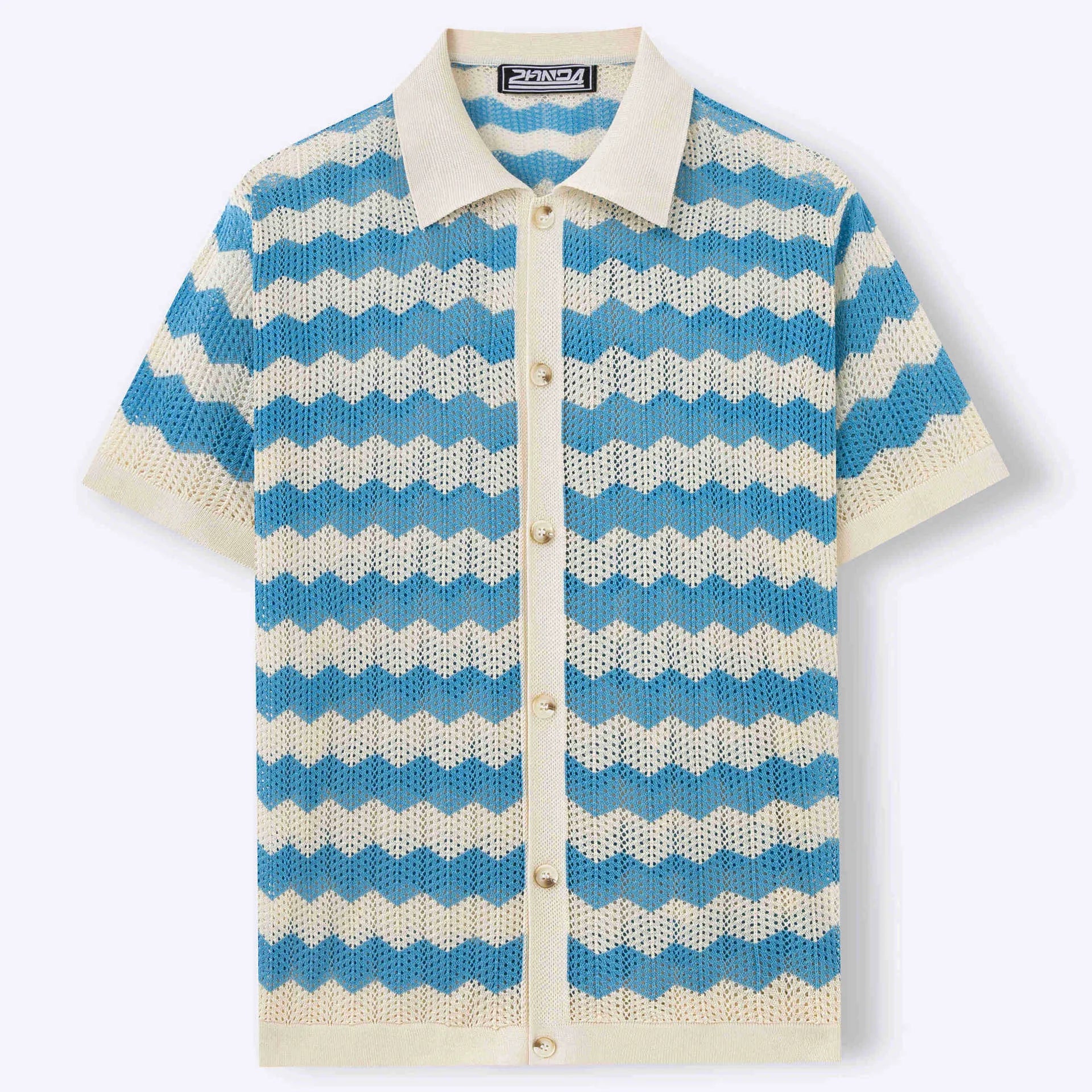 Yellow hollow jacquard corrugated short sleeve sweater with flocking detail on a hanger.