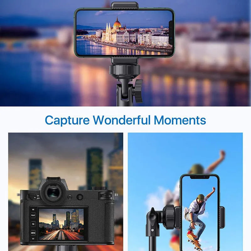 Black aluminium selfie stick tripod extended next to a smartphone, showing its 5-section telescopic shaft.
