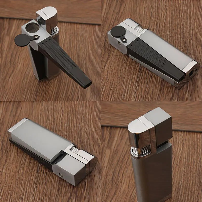 Foldable metal pipe lighter showing zinc alloy construction and refillable butane mechanism