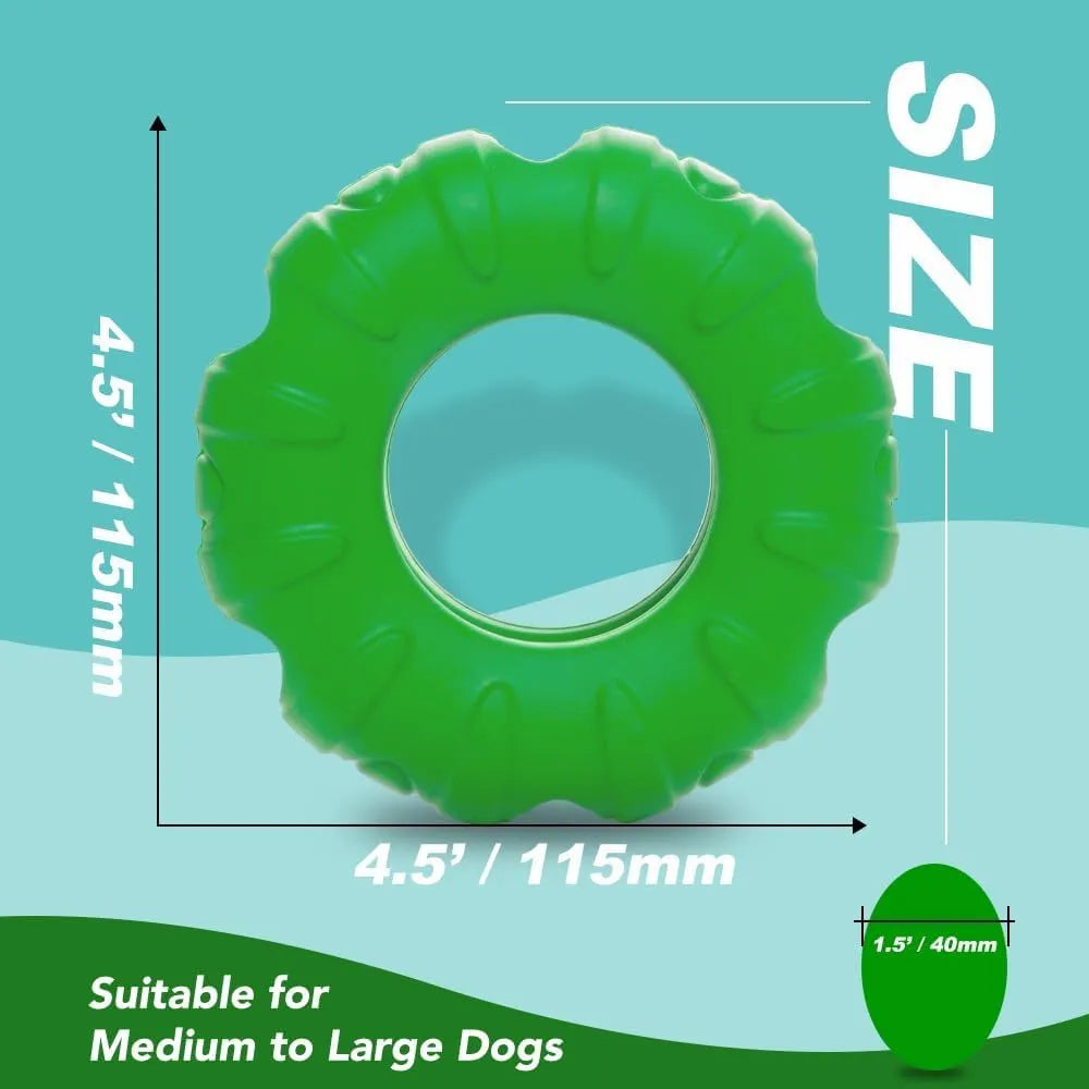 Blue natural rubber tyre-shaped dog chew toy with oval openings for treat dispensing.