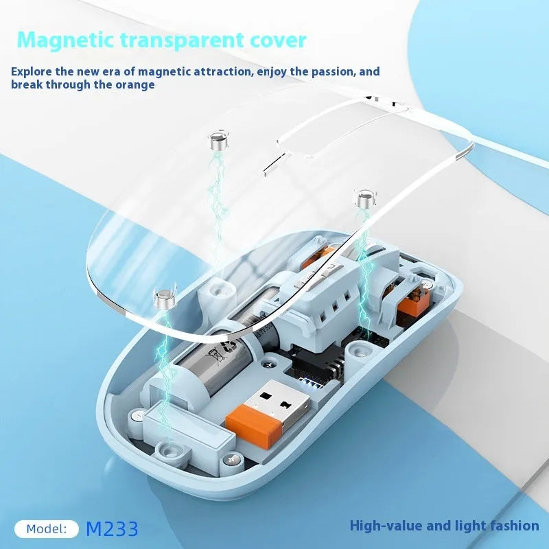Transparent plastic wireless optical mouse for computers with USB connection in space blue colour