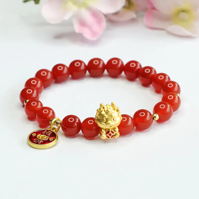 Red agate dragon zodiac bracelet with 8mm round beads and adjustable knot closure