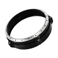 Black CNC aluminium headlight protective frame for a BMW R Nine T Scrambler motorcycle.