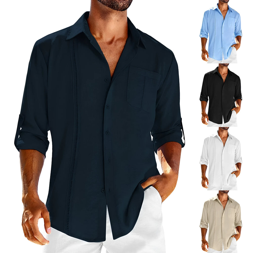 Men's solid colour cotton blend long sleeve shirt with a polo collar and a chest pocket.