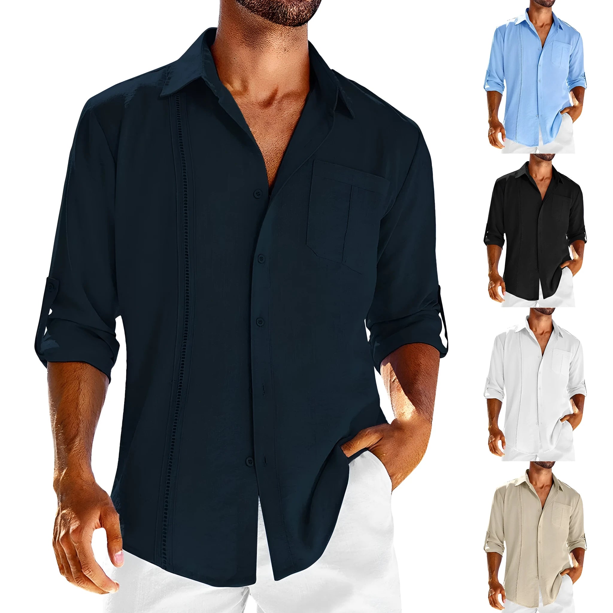 Men's solid colour cotton blend long sleeve shirt with a polo collar and a chest pocket.