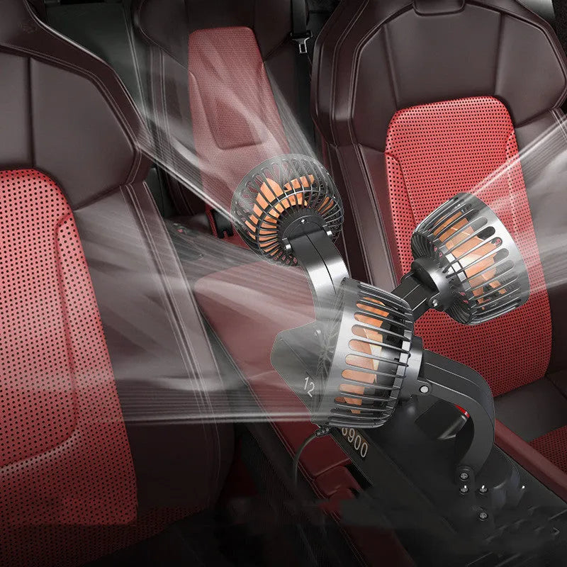 12V automotive three-head cooling fan with ABS motor and long cable for car, van, or truck use.