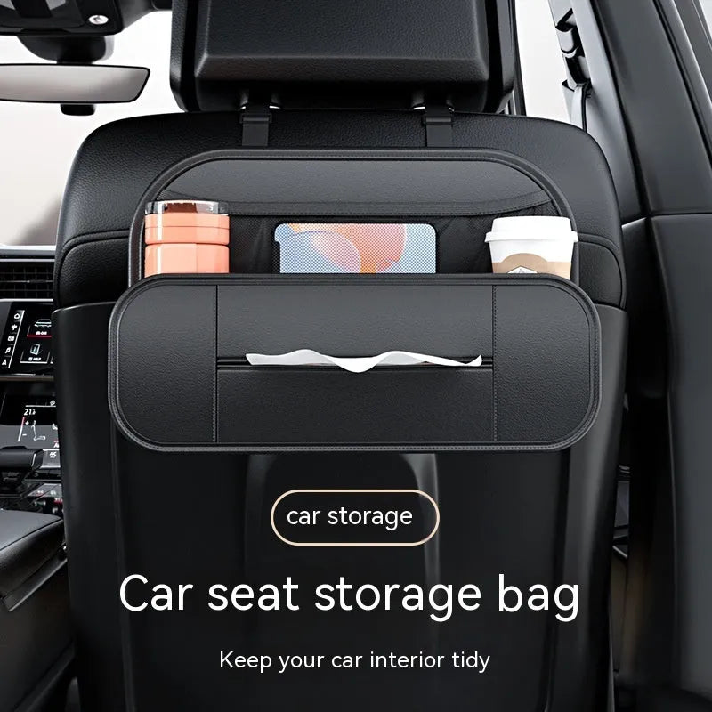 Black genuine leather car seat back storage bag with compartments