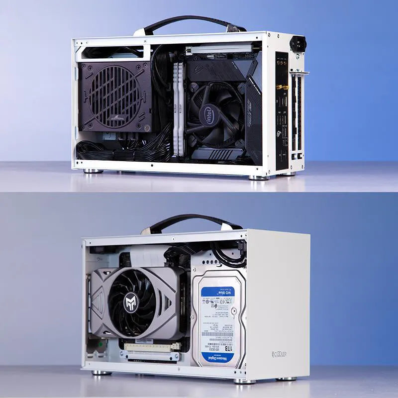 Hummingbird PRO ITX mini desktop computer case in titanium grey or white tinned steel.