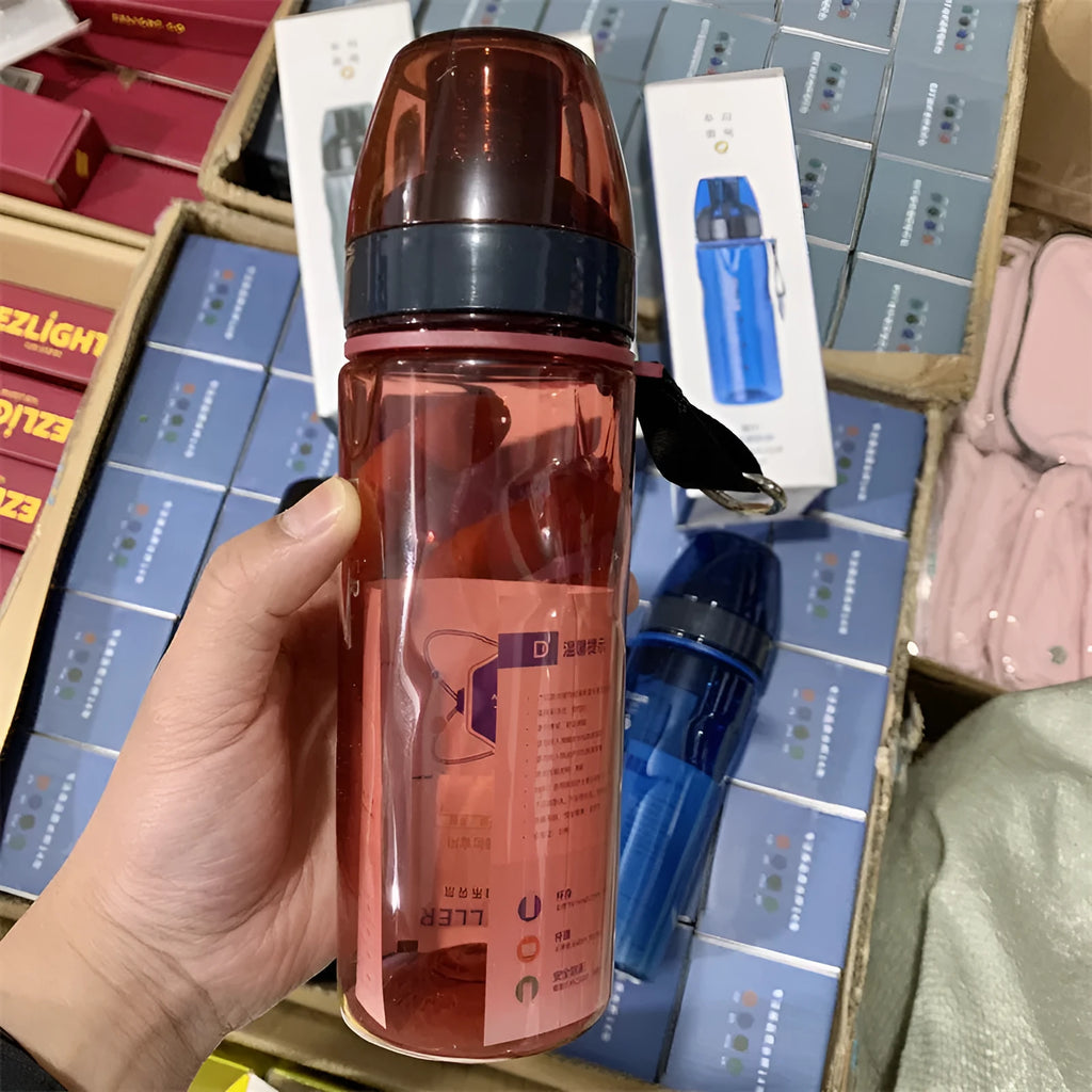 Chinese style outdoor portable water bottle with separate tea compartment in blue, red, black, or grey.