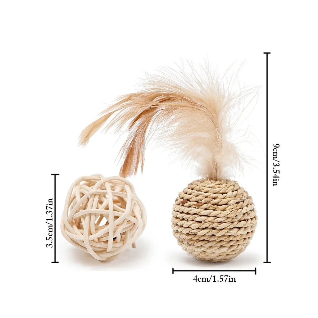Two cat toys: hollow rattan ball and faux feather ball with measurements shown