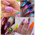 Four boxes of medium almond shaped frosted nail stickers with colourful tulip patterns including French leaves and leopard print designs