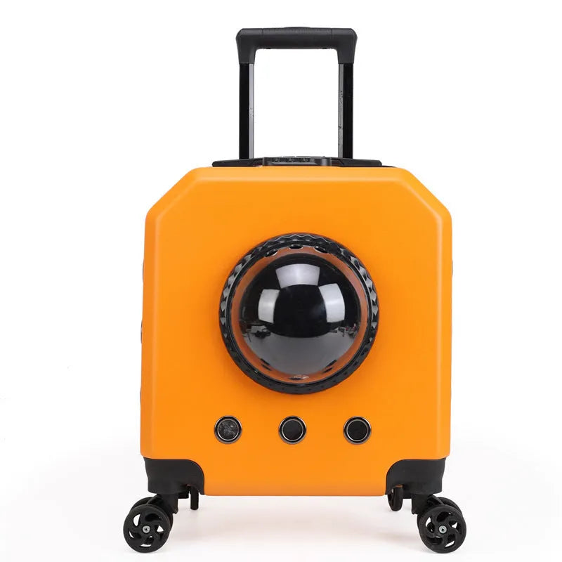 Hard-sided PVC pet flight trolley case with wheels in an orange colour, showing extending handle.