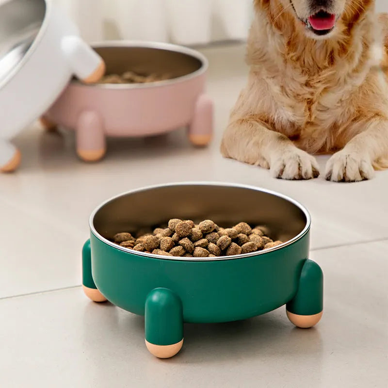 Stainless steel pet bowl with non-slip anti-overturn base in green, pink and white colour options