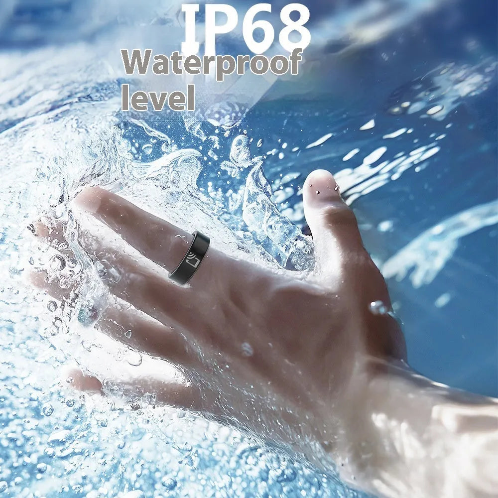 Black ceramic smart ring for health monitoring on a finger, showing charging case.