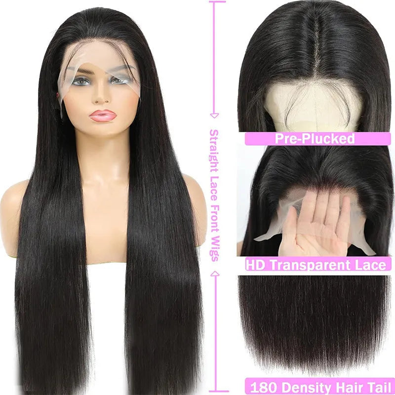 Straight black human hair lace front wig with 13x6 parting displayed at various lengths.