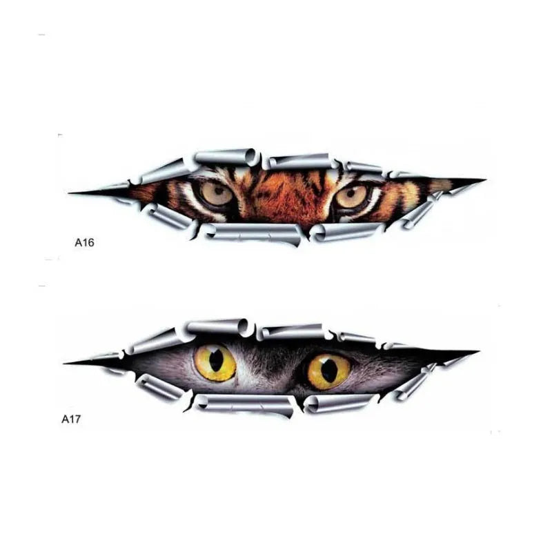 3D Tiger Eye or Eagle Eye car door sticker measuring 10x35 cm on transparent PVC.