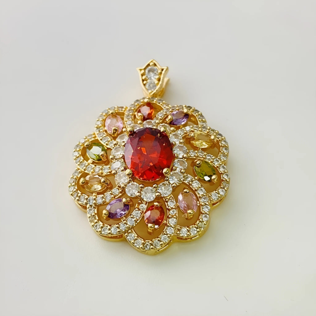 Close-up of a women's floral-shaped zircon pendant necklace in a gold electroplated finish.