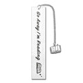 Metal bookmark with stainless steel lettering in tassel style, showing slim 13cm by 2.6cm dimensions