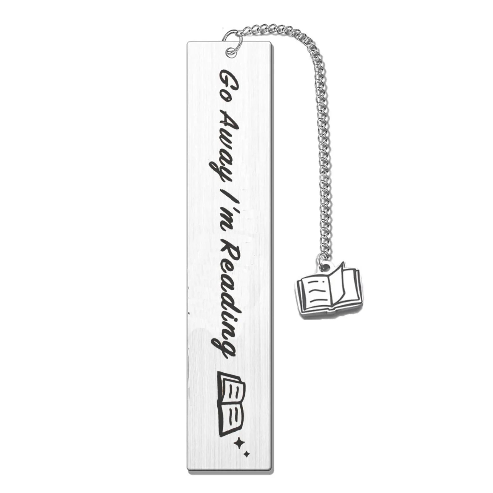 Metal bookmark with stainless steel lettering in tassel style, showing slim 13cm by 2.6cm dimensions