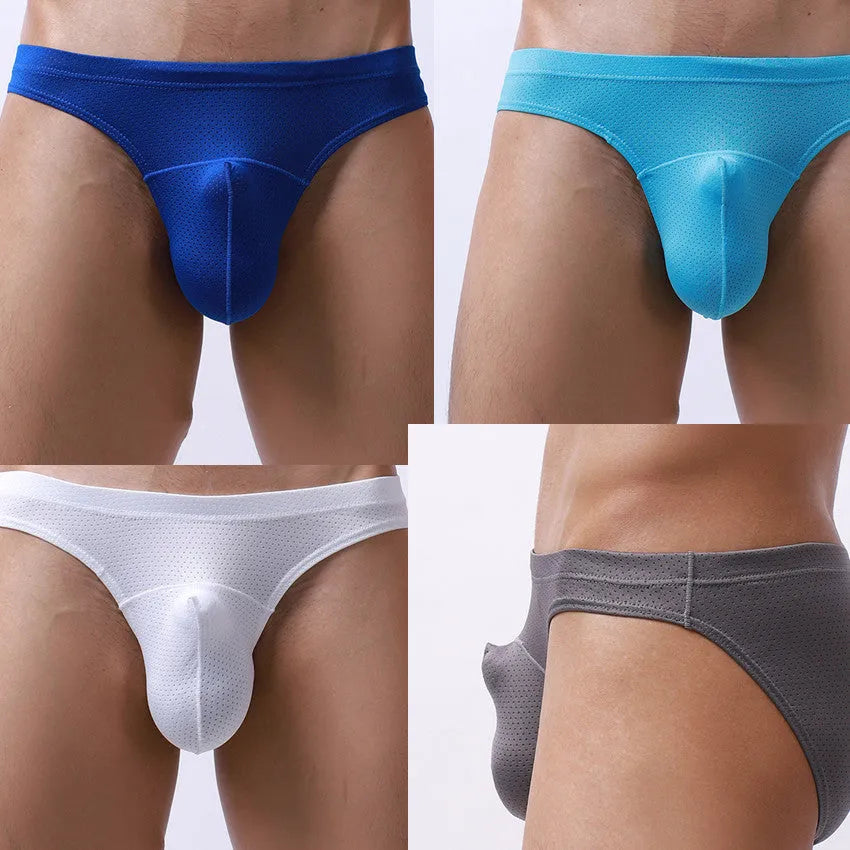 Men's transparent loose-fit nylon underwear in blue, black, white, grey, and sky blue.