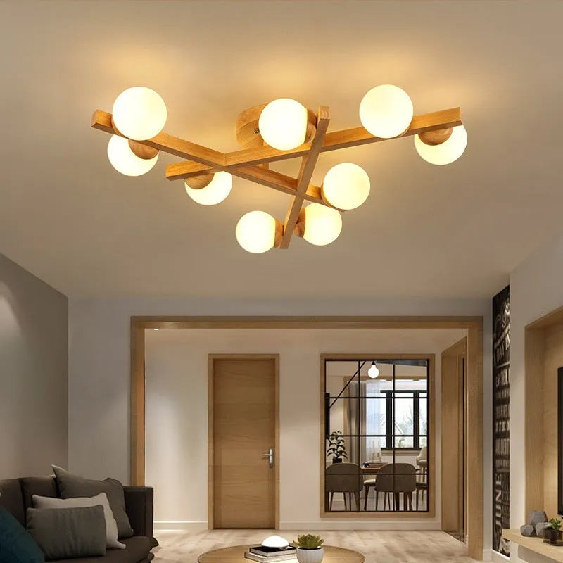 Wooden style ceiling lamp with three light heads in modern living room setting