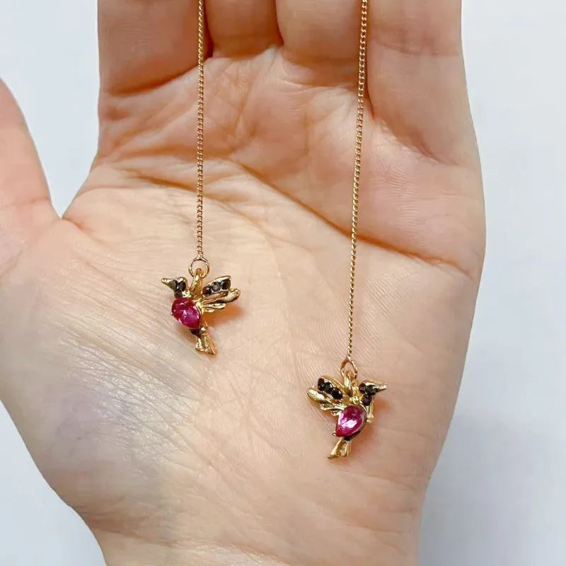 Bird hanging long drop earrings with mixed zirconium wings in blue, red, and red lvzuan colour options